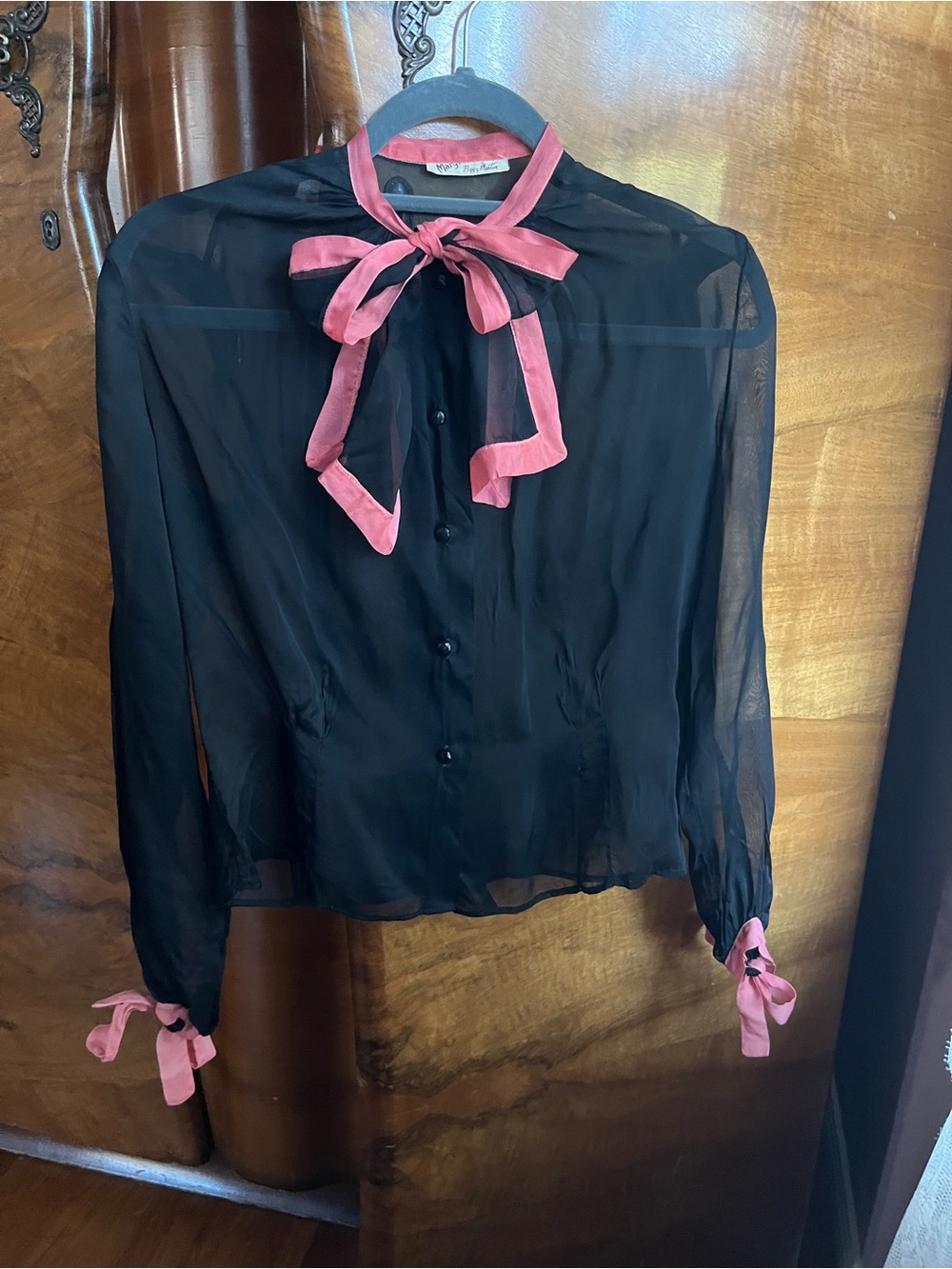 Sheer 1930s Black Bow-Tie Blouse with Pink Trim